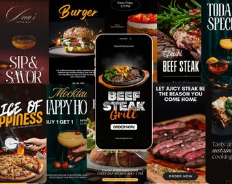 May include: A collage of restaurant advertisements featuring food and drinks. Images include a burger, beef steak, pizza, cocktails, and a phone displaying a "Beef Steak Grill" menu. Text includes "Sip & Savor", "Slice of Happiness", and "Today Special".