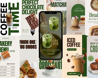 May include: A collage of cafe-themed advertisements. The images showcase coffee, matcha, waffles, and pastries. Text includes "Coffee Time," "Perfect Chocolate Delight," "Bakery Menu," and "Iced Coffee." The color palette is primarily green, white, and brown.