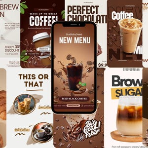 Könnte beinhalten: Eine Sammlung von Werbegrafiken zum Thema Kaffee. Die Bilder zeigen verschiedene Kaffeegetränke, darunter Eiskaffee und Latte, mit Texten wie "Neue Speisekarte" und "Kaufe eins, erhalte eins gratis". Die Farbpalette wird von Braun- und Cremetönen dominiert.
