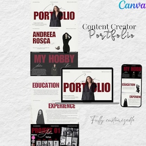 Peut inclure: Un modèle de portfolio numérique au design moderne. Le design comprend le mot "PORTFOLIO" en grandes lettres en gras, ainsi que le nom "ANDREEA ROSCA". Le modèle est affiché sur un ordinateur portable et un smartphone, avec le texte "Content Creator Portfolio".