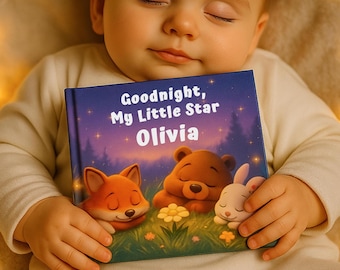 May include: A sleeping baby holds a personalized children's book titled "Goodnight, My Little Star Olivia." The book cover features illustrations of a fox, bear, and bunny. The background is a starry night scene.