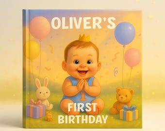May include: A children's book cover featuring a smiling baby wearing a crown and a blue outfit. The text reads "OLIVER'S FIRST BIRTHDAY." Balloons, a teddy bear, a bunny, and gifts are also illustrated on the cover.