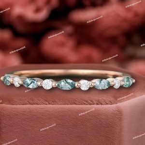 Marquise Cut Natural Moss Agate Wedding Band White Gold Round Cut Moissanite Ring Art Deco Stackable Matching Band Anniversary Ring