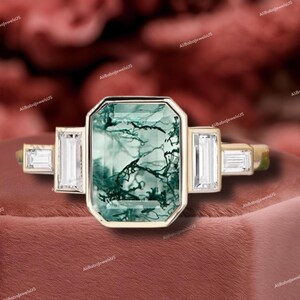 Emerald cut natural moss agate engagement ring Solid gold bridal ring Aquatic agate gemstone ring Anniversary gifts Moissanite cluster ring