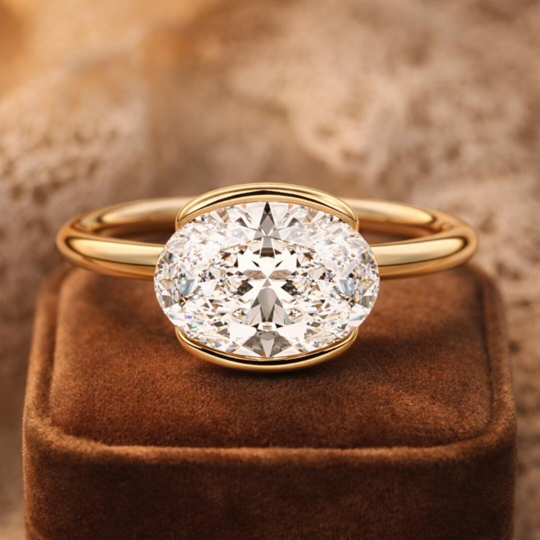 Oval Moissanite Engagement Ring – Gold Bezel Set Solitaire Bridal Ring ...