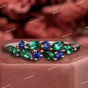 merald sapphire cluster wedding band Unique marquise cut emerald wedding band Vintage Moissanite ring Rose gold ring Anniversary gift