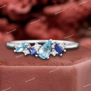 Zarte Birne Aquamarin Ring Vintage Art Deco Baguette Schnitt Saphir Ring Unikate Cluster Ehering Roségold Moissanit Jubiläum Geschenk