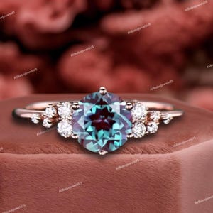 Alexandrite ring gold silver cluster vintage Alexandrite engagement ring rose gold moissanite anniversary promise wedding ring women