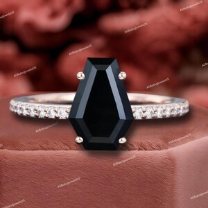 Coffin shaped Black onyx engagement ring Vintage moissanite Rose Gold engagement ring Unique Diamond ring Bridal Wedding Anniversary ring