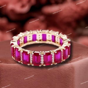 Real ruby diamond emerald cut eternity band ring gold | Natural octagon cut ruby with diamond ring gold | Red ruby eternity band ring gold