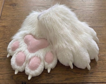 Patas blancas de fursuit, guantes de gato Therian peludos, pata de mano de piel sintética para cosplay, accesorios de conejo Kemono, disfraz de fursona de lobo ártico prefabricado