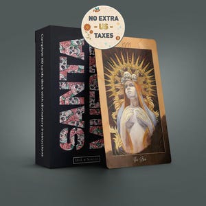 May include: A black tarot card box with the word "SANTA" in large letters, decorated with skulls and roses. A tarot card with an illustration of a woman with a halo is next to the box. The card reads "The Star".