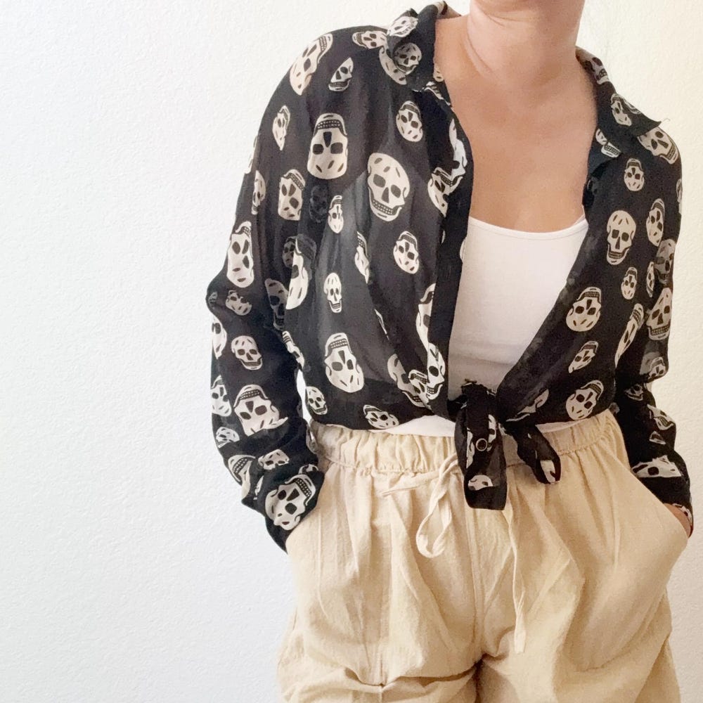 Women'S Skeleton Black Long Sleeves Button Up Blouse Top - Gothic Grunge Halloween Shirt Uniquethreads Fashion