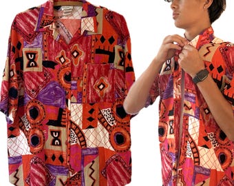 Camisa vintage de los 90 con estampado abstracto y botones / Estampado gráfico rojo intenso / Camisa retro de manga corta para festivales / Ropa urbana unisex
