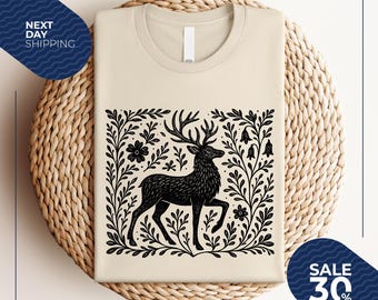 Folklore Forest Stag Lino Print Shirt | Folk Art Linocut Deer TShirt | Vintage Forestcore Tee | Cottagecore Nature Witch Gift