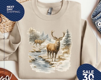 Retro Deer Wilderness Scene Sweatshirt | Nineties Vintage Buck And Doe Deer Outfit | Boho Unisex Crewneck Sweatshirt