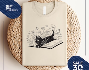 Floral Cat Shirt | Cat Lover T-shirt | Cat Book Shirt | Cat Lover Gift | Gift for Her | Cat Mom Shirt Gift | Cute Cat Shirts | Cute Book Cat