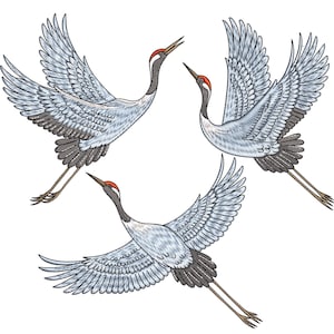 Cranes in Flight Embroidery Design, Crane Bird Machine Embroidery File, Birds Embroidery Designs, Japanese Red Crane Machine Embroidery File