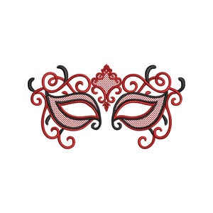 Puede incluir: Una máscara bordada decorativa en rojo, negro y blanco. La máscara presenta un diseño simétrico con aberturas para los ojos, intrincados adornos y un adorno central. Adecuada para bailes de máscaras o eventos de disfraces.