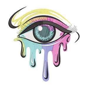 May include: A vibrant eye design with a black outline and eyelashes. The eye has a blue iris with a white highlight, surrounded by pink, yellow, and purple. Dripping paint in blue, purple, and pink adds a unique touch to the design.