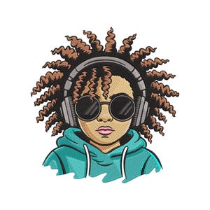 May include: Embroidered design of a person with brown curly hair, wearing round sunglasses, a teal hoodie, and headphones. The design is on a white background. The person's skin tone is light brown.