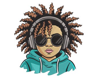 Afro meisje met koptelefoon borduurwerk ontwerp, muziekliefhebber zonnebril machine borduurwerk bestand, Instant Download