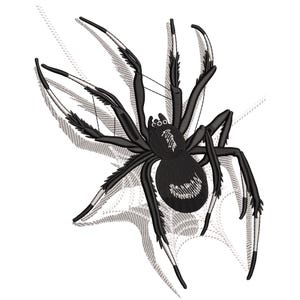 Może przedstawiać: Haft czarnego pająka z długimi nogami i szczegółowym korpusem na białym tle. Pająk umieszczony jest nad częściowo widoczną pajęczyną, w tematyce Halloween.