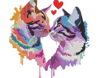 May include: An embroidered design featuring two cats in a loving embrace, with red hearts floating above. The cats are depicted in a vibrant array of colors, including orange, purple, blue, and pink, with a white background.