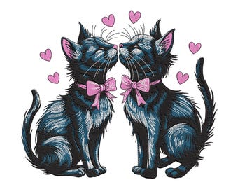 Borduurontwerp romantische katten: zoenen kitten, roze strikken, machineborduurbestand harten (digitale download)