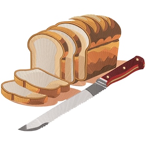 Peut inclure: Image brodée d'une miche de pain tranché avec un couteau dentelé. Le pain est de couleur brun clair avec des tranches de pain blanches. Le couteau a une lame argentée et un manche rouge et marron.