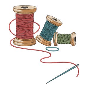 May include: Illustration of sewing supplies, including three wooden spools of thread in red, teal, and green. A teal needle is threaded with red thread, and a teal rubber band is also present. The spools are arranged at different angles.