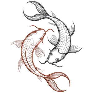 May include: An embroidered design featuring two koi fish in a yin-yang arrangement. One fish is a reddish-brown color, and the other is dark gray. The fish are facing each other, with their bodies forming a circular shape against a white background.