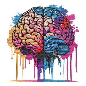Puede incluir: Ilustración colorida de un cerebro con apariencia bordada texturizada. El cerebro está dividido en secciones rosas, azules, rojas y moradas, con efectos de pintura goteando en varios colores. El diseño está sobre un fondo blanco.