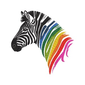 Op de afbeelding: Een gestileerde illustratie van de kop en nek van een zebra. De kop en nek van de zebra zijn zwart-wit gestreept. De manen zijn een regenboog van kleuren, waaronder blauw, groen, geel, rood en roze, tegen een witte achtergrond.