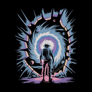 Może przedstawiać: Graficzna ilustracja astronauty stojącego przed wirującym, kolorowym portalem. Portal otoczony jest poszarpanymi, gwiaździstymi kształtami, z planetami i czarnym tłem. Astronauta stoi przed portalem.