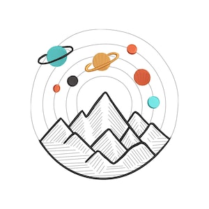 May include: An embroidered design featuring a mountain range at the bottom, with colorful planets and rings orbiting above. The planets are in shades of orange, teal, and gold, set against a white background.