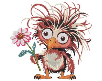 Whimsical Bird with Daisy Flowers Embroidery Design: Birds and Floral Machine Embroidery Digital File