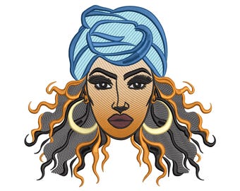 Diseño de bordado de rostro de mujer africana: Retrato cultural de una chica afro con estilo, archivo digital de bordado a máquina.