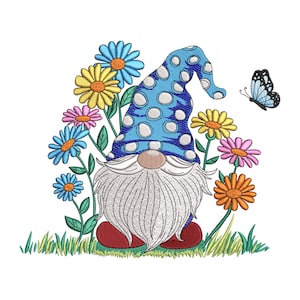 May include: Embroidered gnome with a long white beard, wearing a blue hat with white polka dots and red shoes. The gnome is surrounded by colorful flowers in shades of blue, yellow, pink, and orange, with a butterfly nearby.