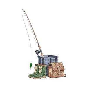 Peut inclure: Illustration d'équipement de pêche sur fond blanc. L'image comprend une canne à pêche, un seau, des bottes vertes, un sac à pêche et un leurre. La canne est marron et noire, et les bottes sont vertes avec des lacets blancs.