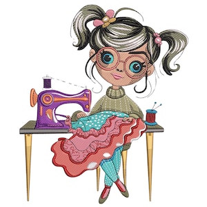 Little Seamstress Sewing Embroidery Design, Sketch Machine Embroidery, Sewing Machine Embroidery File, Girl Sewing Machine Embroidery File