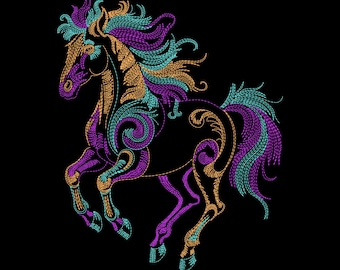ネオンランニングホース刺繍デザイン、雄大なカラフルなラインアートスタリオンマシン刺繍デジタルファイル