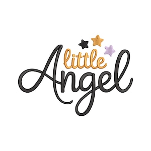 May include: A black script font spells "Angel" with "little" in gold above it. Three embroidered stars in black, gold, and purple are above the word "little". The design is on a white background.