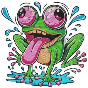 Puede incluir: Una rana de dibujos animados con grandes ojos rosados ​​y una larga lengua rosada. La rana es verde con una barriga marrón y está rodeada de gotas de agua azules. La boca de la rana está abierta y parece estar saltando.