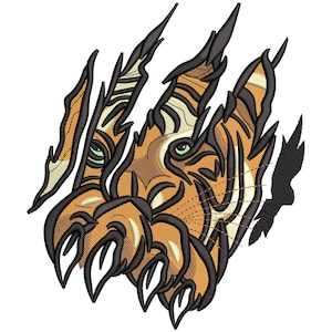 May include: Embroidered tiger face design with orange, black, and cream colors. The tiger's face is partially torn, with claw marks and a fierce expression. The design features detailed stitching and a bold outline.