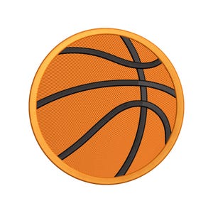 Könnte beinhalten: Ein kreisförmiger Aufnäher mit einem Basketball-Design. Der Aufnäher hat einen orangefarbenen Hintergrund mit schwarzen, gebogenen Linien, die die Paneele eines Basketballs nachahmen. Der Rand ist dunkelorange. Für Sportbegeisterte.