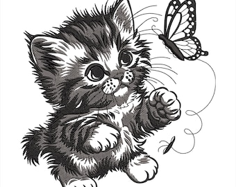 Diseño de bordado de gatito con mariposa, archivo de bordado de mariposas y gatos, bordado a máquina para amantes de los gatos, bordado de gatito con mariposa