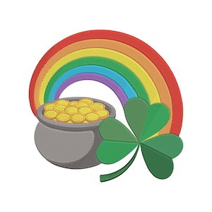May include: A colorful illustration featuring a rainbow arching over a pot of gold coins. A green shamrock is positioned to the right of the pot. The image is a design for St. Patrick's Day.