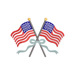 May include: Embroidered design featuring two American flags crossed, with red and white stripes and a blue field of stars. The flags are on gray poles, tied with a light blue ribbon, and topped with gold finials. Patriotic theme.