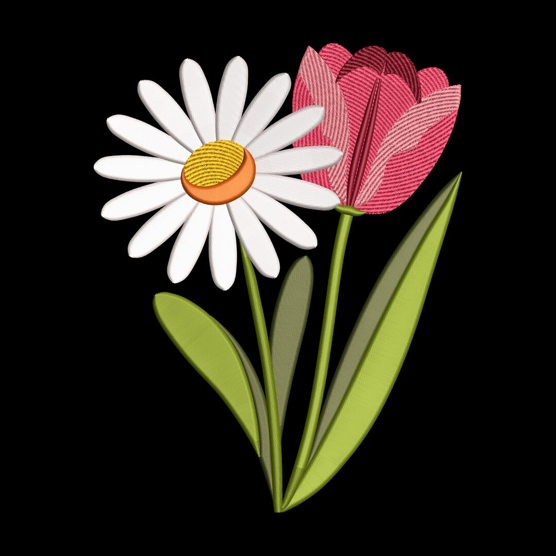 Daisy and Tulip Flower Embroidery Design, Floral Spring Machine ...